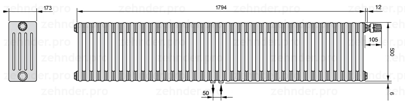 Схема (чертеж) Радиатор Zehnder Charleston 5050/39 №V008 Белый глянцевый RAL 9016